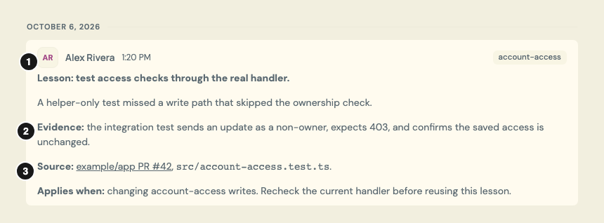 A Stream lesson attributed to Alex Rivera on October 6 explains an ownership-test blind spot. Callout 1 identifies its author and date, 2 the reported integration-test evidence and 3 the source PR and test file. The final line limits when the lesson applies.